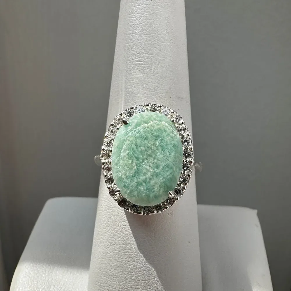 NWOT 15x11mm Oval cut Amazonite w/ halo of cz‎ diamonds in sterling silver!
